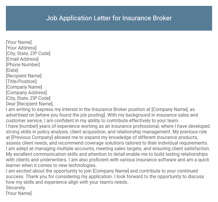 Job Application Letter for Insurance Broker