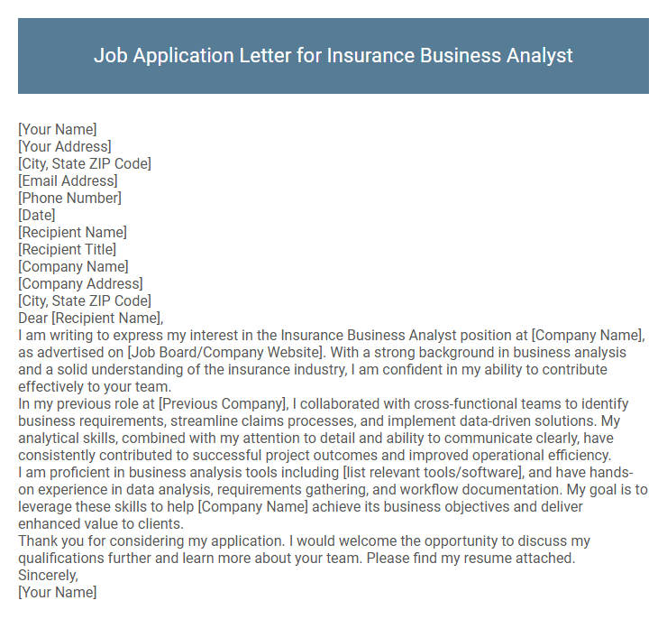 Job Application Letter for Insurance Business Analyst