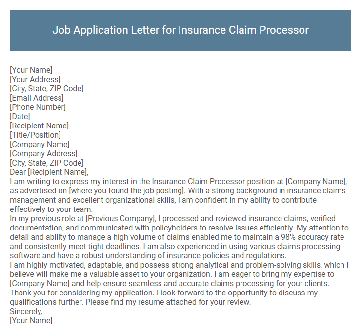 Job Application Letter for Insurance Claim Processor