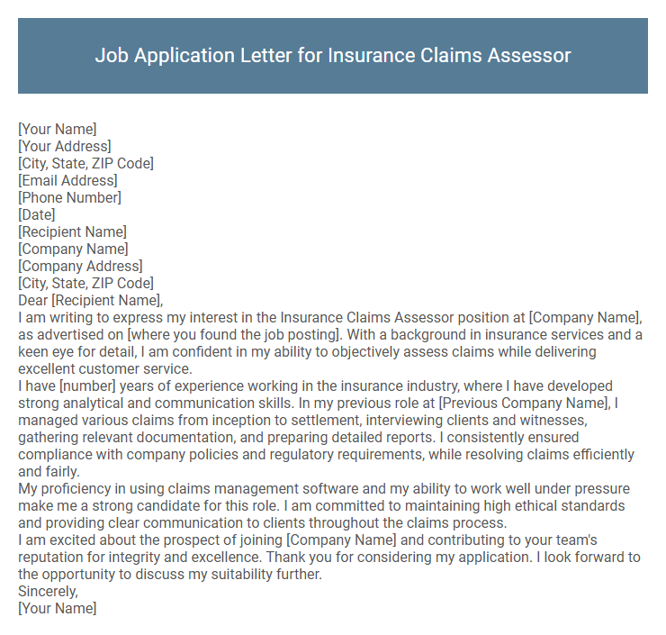 Job Application Letter for Insurance Claims Assessor