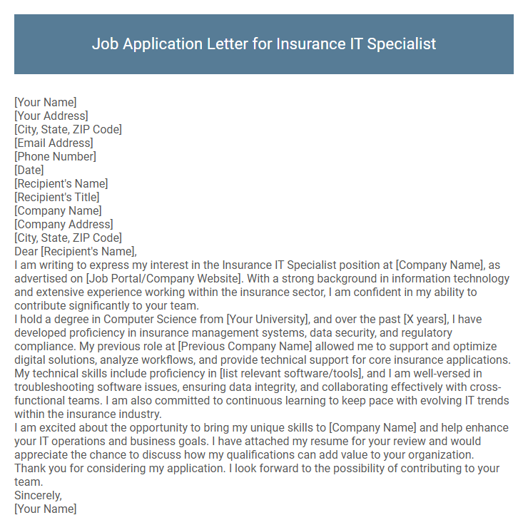 Job Application Letter for Insurance IT Specialist
