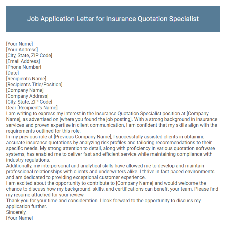 Job Application Letter for Insurance Quotation Specialist