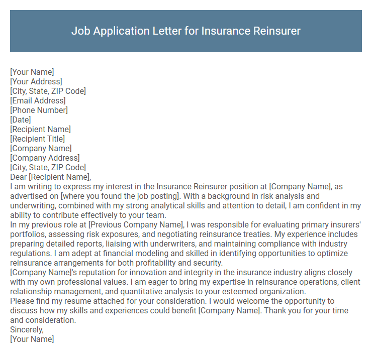 Job Application Letter for Insurance Reinsurer