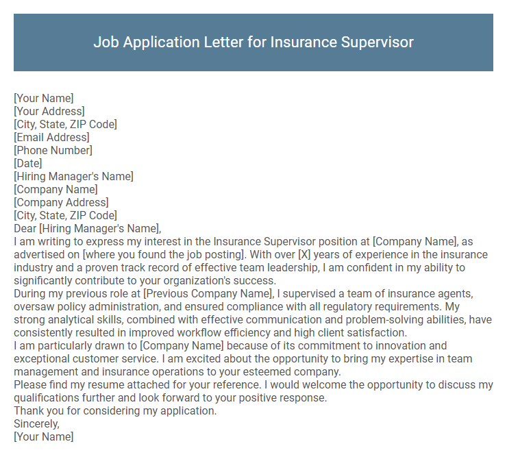 Job Application Letter for Insurance Supervisor