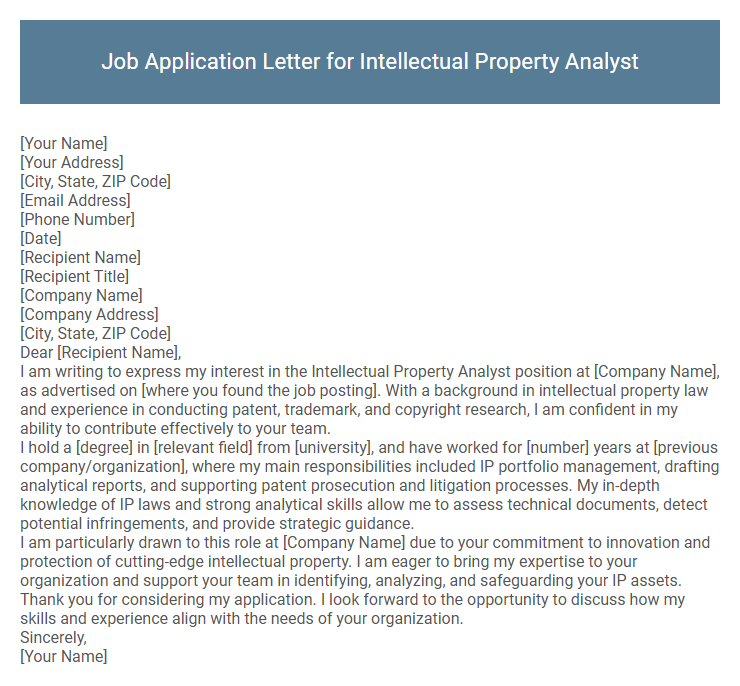 Job Application Letter for Intellectual Property Analyst
