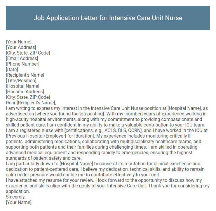 Job Application Letter for Intensive Care Unit Nurse