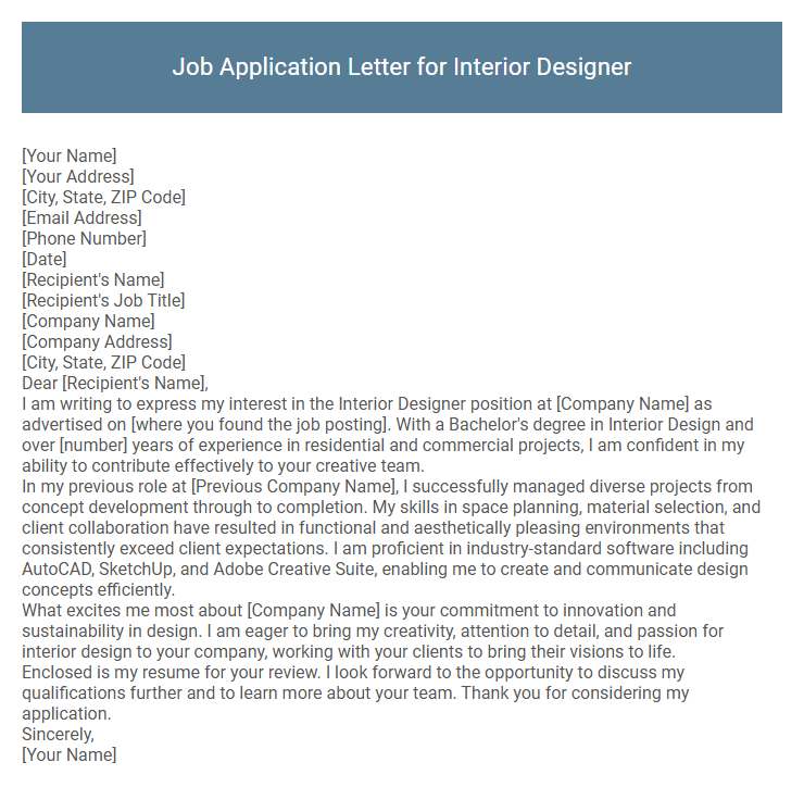 Job Application Letter for Interior Designer