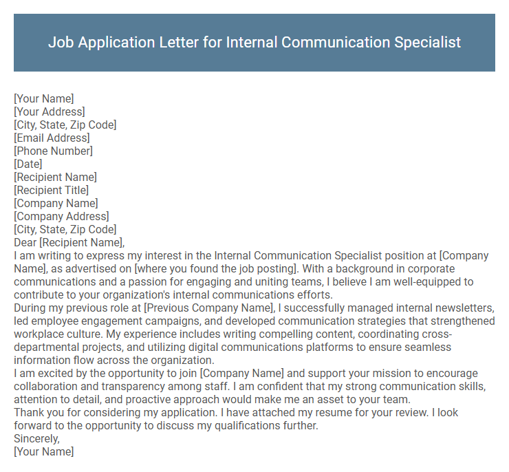 Job Application Letter for Internal Communication Specialist