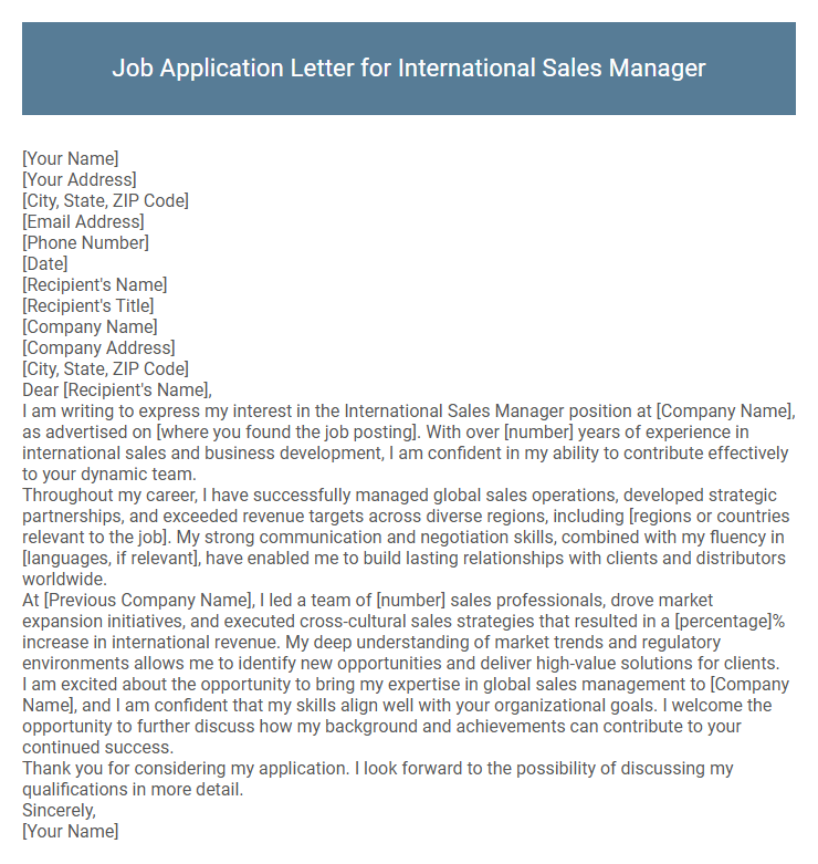 Job Application Letter for International Sales Manager