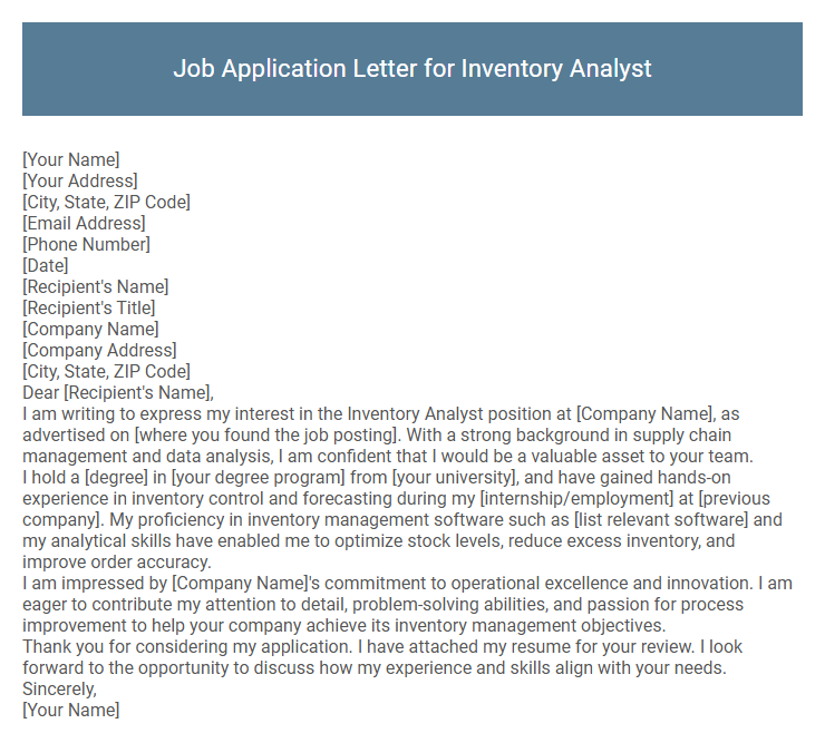 Job Application Letter for Inventory Analyst
