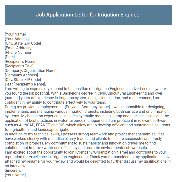 Job Application Letter for Irrigation Engineer