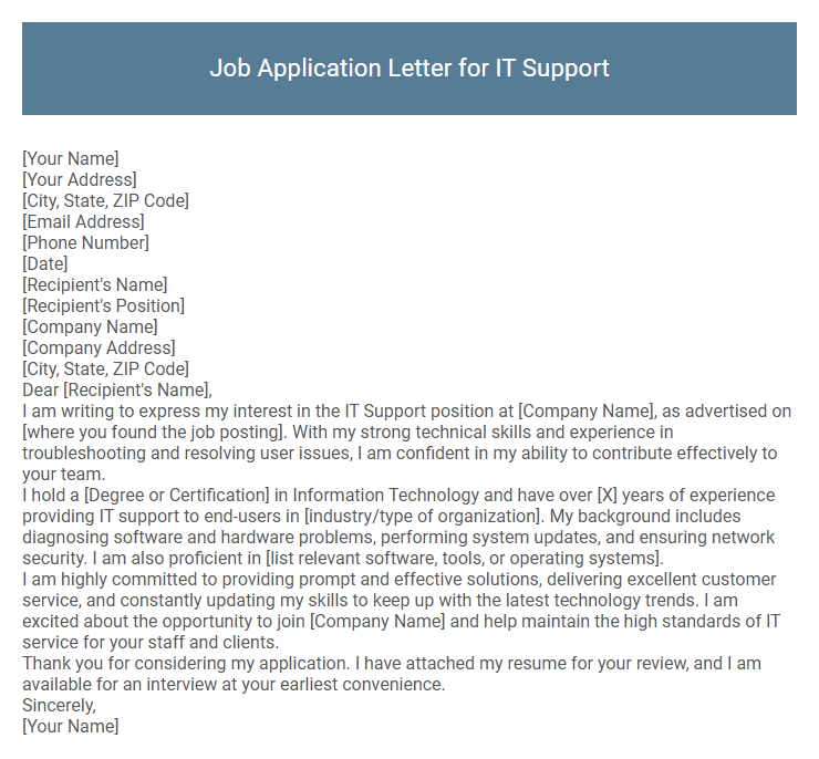 Job Application Letter for IT Support