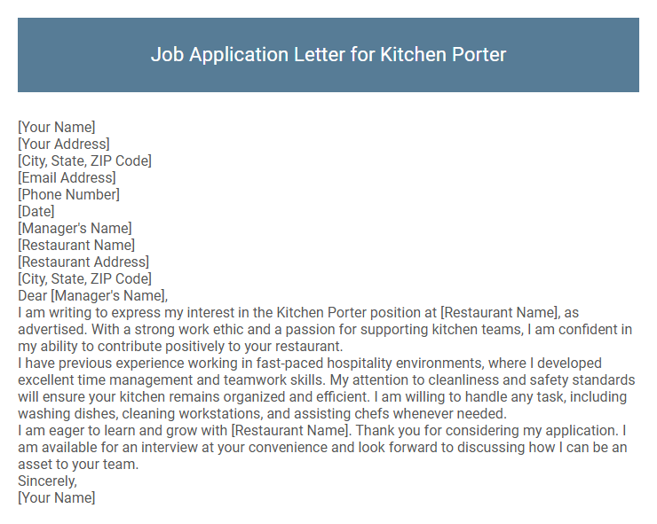 Job Application Letter for Kitchen Porter