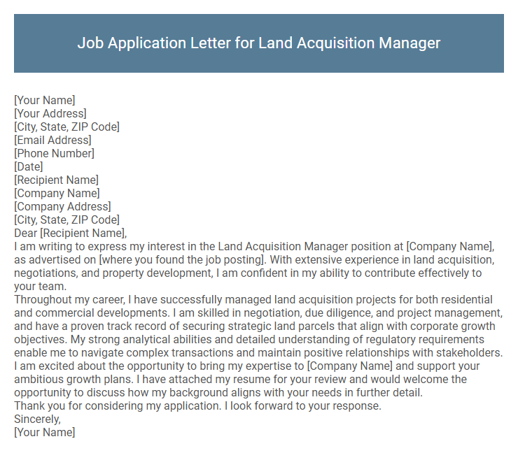 Job Application Letter for Land Acquisition Manager