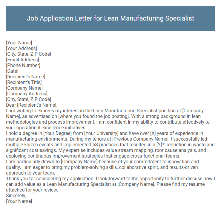 Job Application Letter for Lean Manufacturing Specialist
