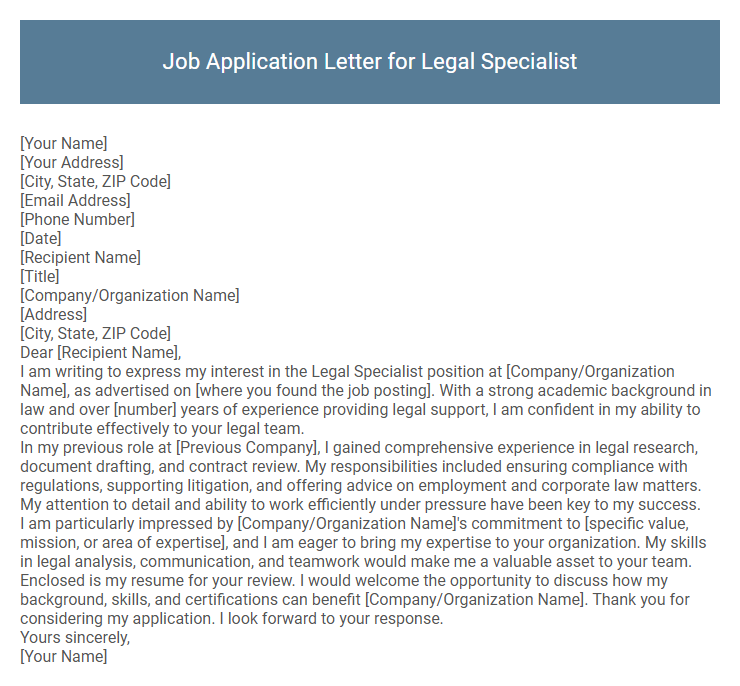 Job Application Letter for Legal Specialist