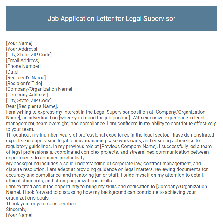 Job Application Letter for Legal Supervisor