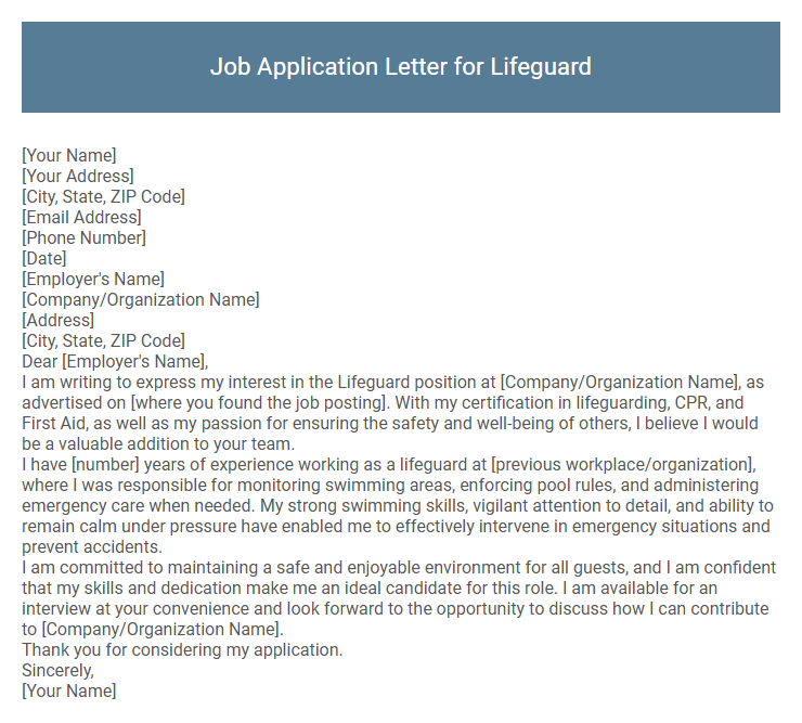 Job Application Letter for Lifeguard