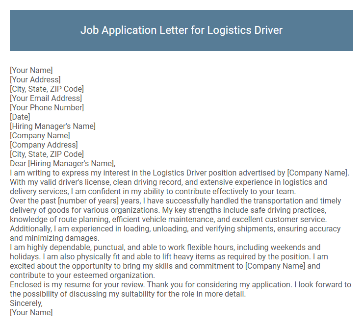 Job Application Letter for Logistics Driver