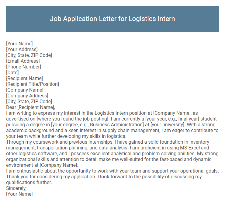 Job Application Letter for Logistics Intern