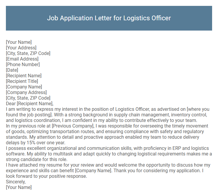 Job Application Letter for Logistics Officer