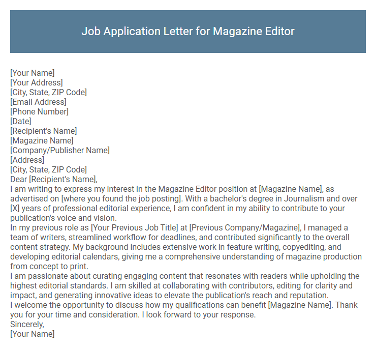 Job Application Letter for Magazine Editor