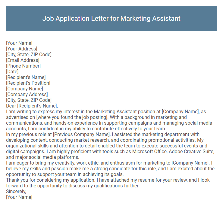 Job Application Letter for Marketing Assistant