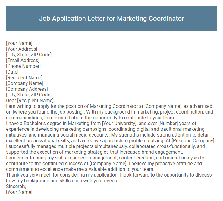 Job Application Letter for Marketing Coordinator