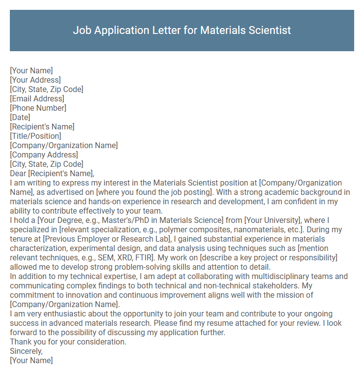 Job Application Letter for Materials Scientist