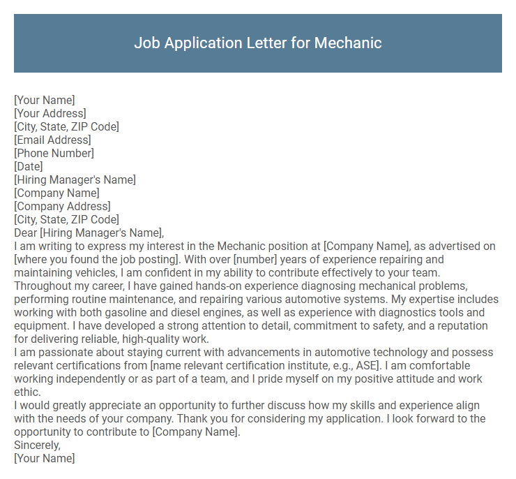Job Application Letter for Mechanic