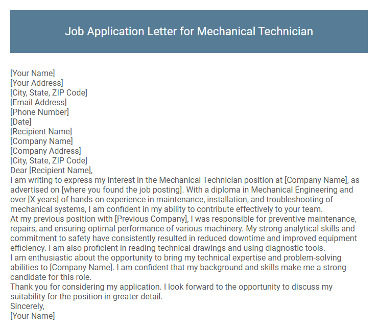 Job Application Letter for Mechanical Technician