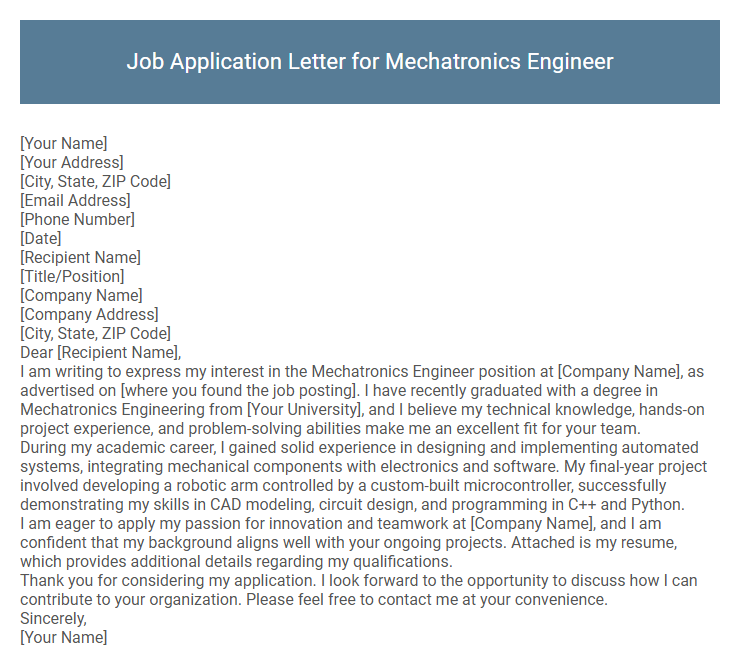 Job Application Letter for Mechatronics Engineer