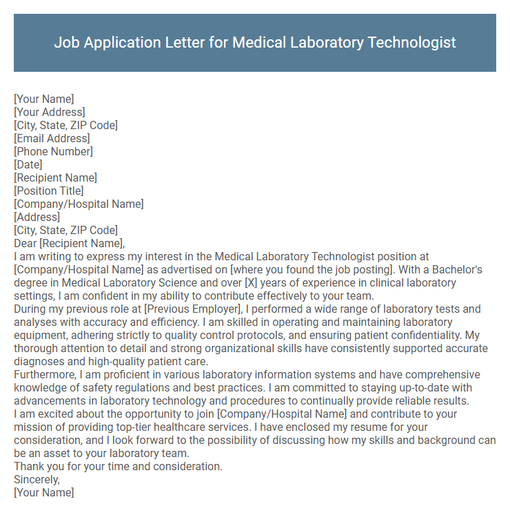 Job Application Letter for Medical Laboratory Technologist