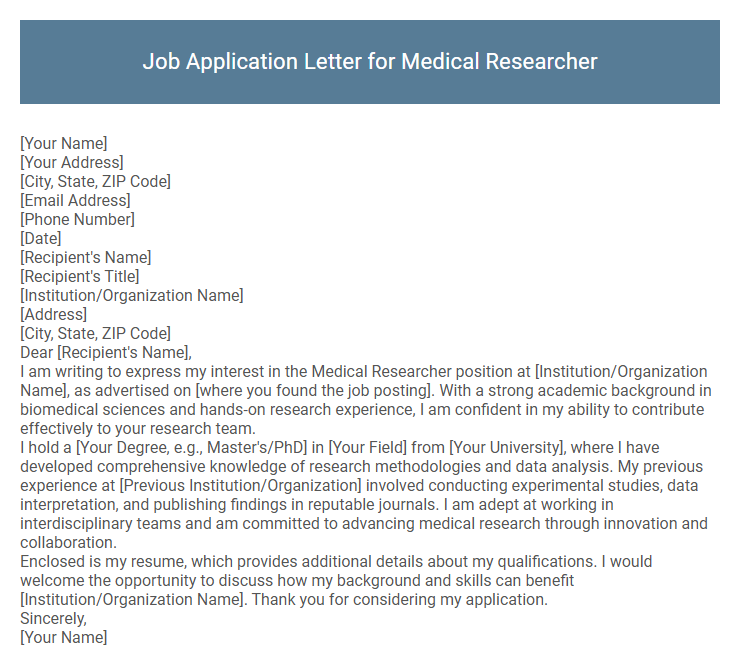 Job Application Letter for Medical Researcher