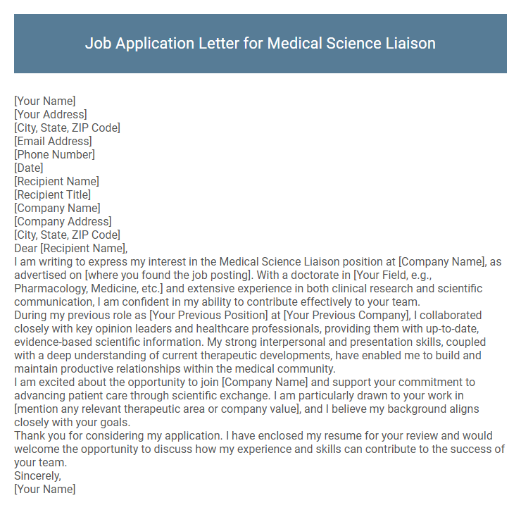 Job Application Letter for Medical Science Liaison