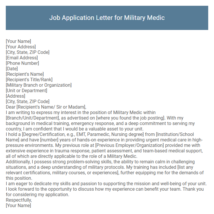 Job Application Letter for Military Medic