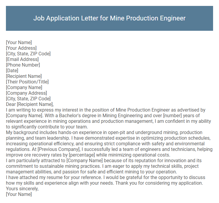 Job Application Letter for Mine Production Engineer
