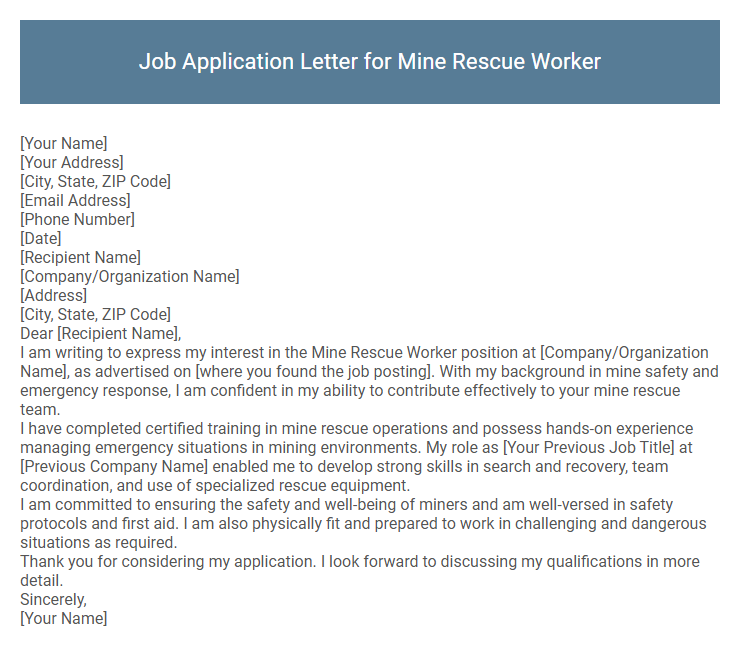 Job Application Letter for Mine Rescue Worker