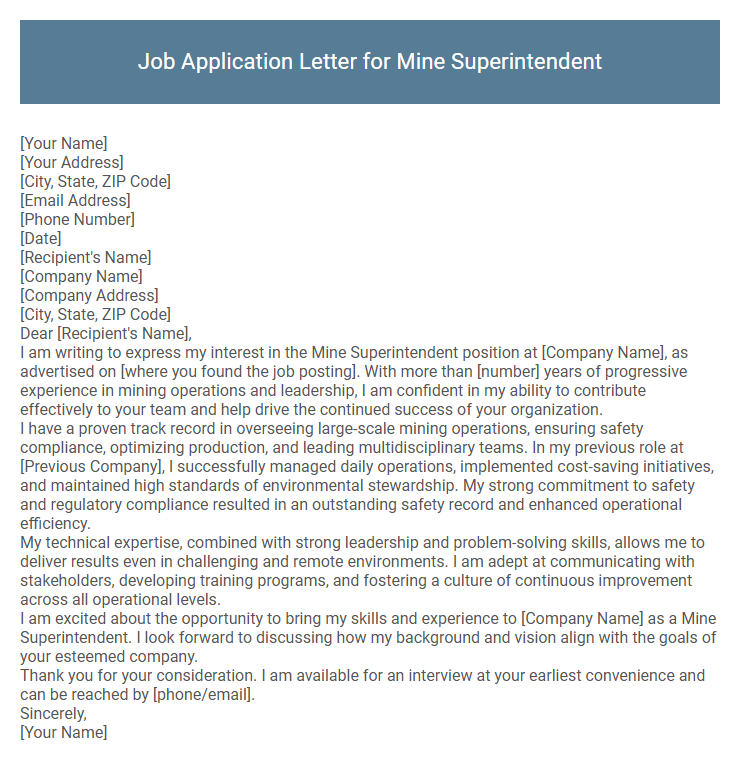Job Application Letter for Mine Superintendent