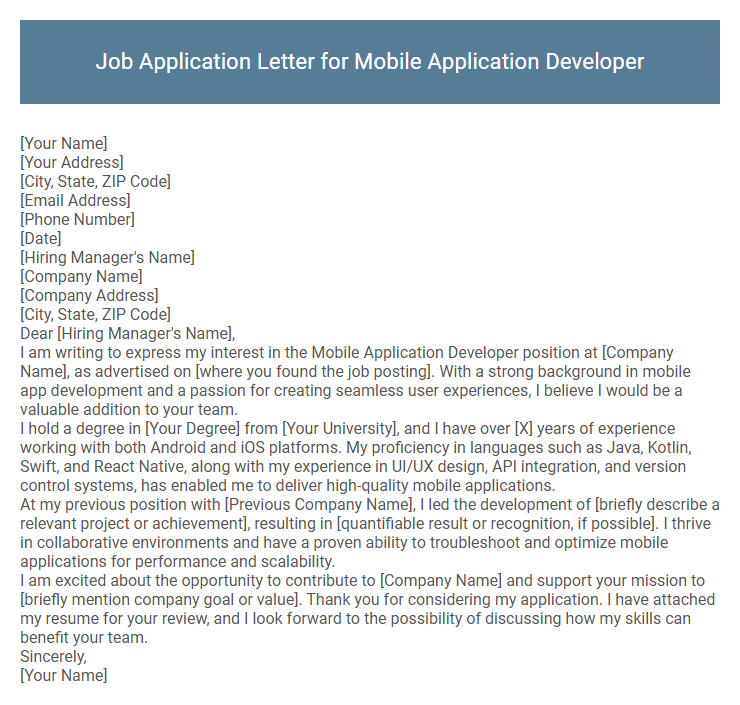 Job Application Letter for Mobile Application Developer