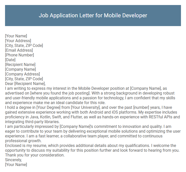 Job Application Letter for Mobile Developer