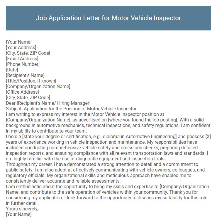 Job Application Letter for Motor Vehicle Inspector