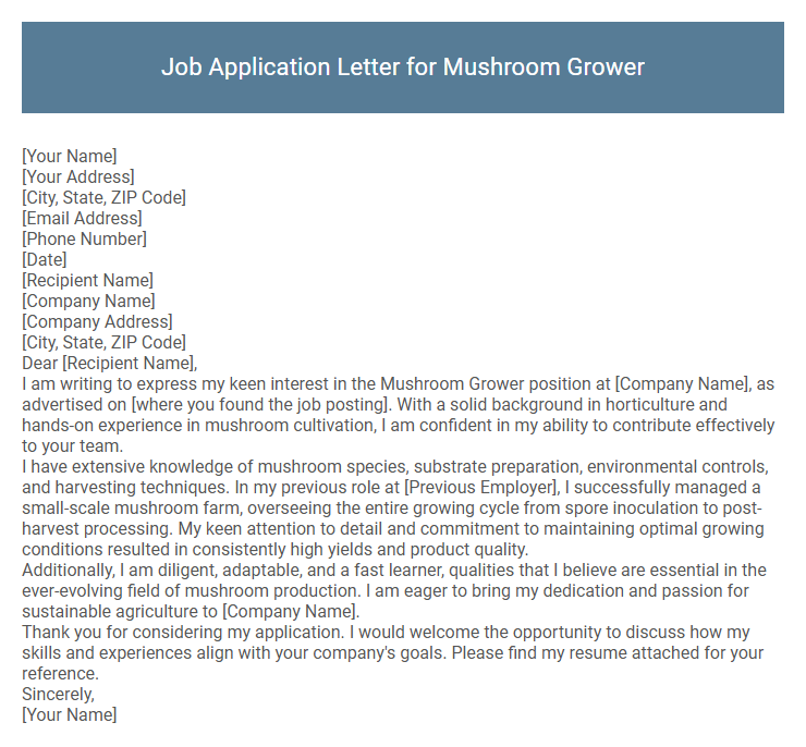 Job Application Letter for Mushroom Grower