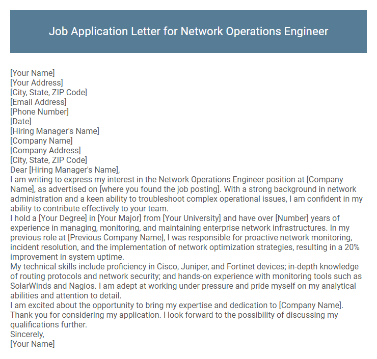 Job Application Letter for Network Operations Engineer
