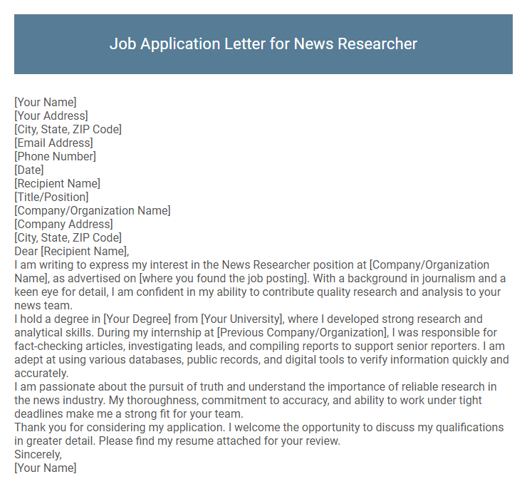 Job Application Letter for News Researcher