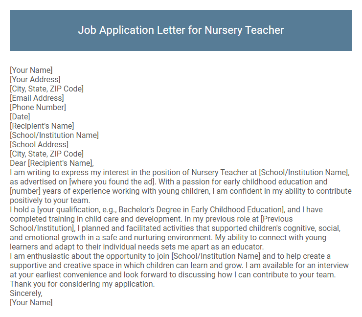Job Application Letter for Nursery Teacher