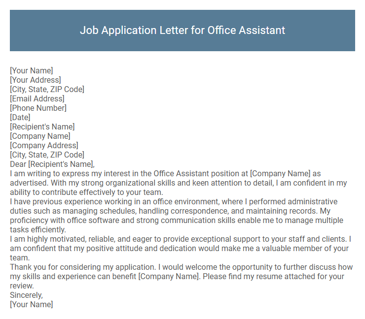 Job Application Letter for Office Assistant