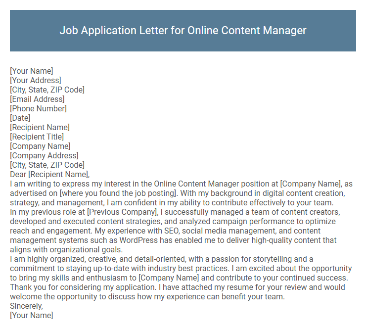 Job Application Letter for Online Content Manager