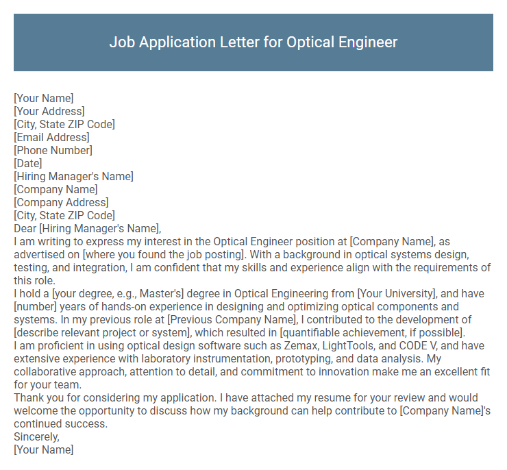 Job Application Letter for Optical Engineer