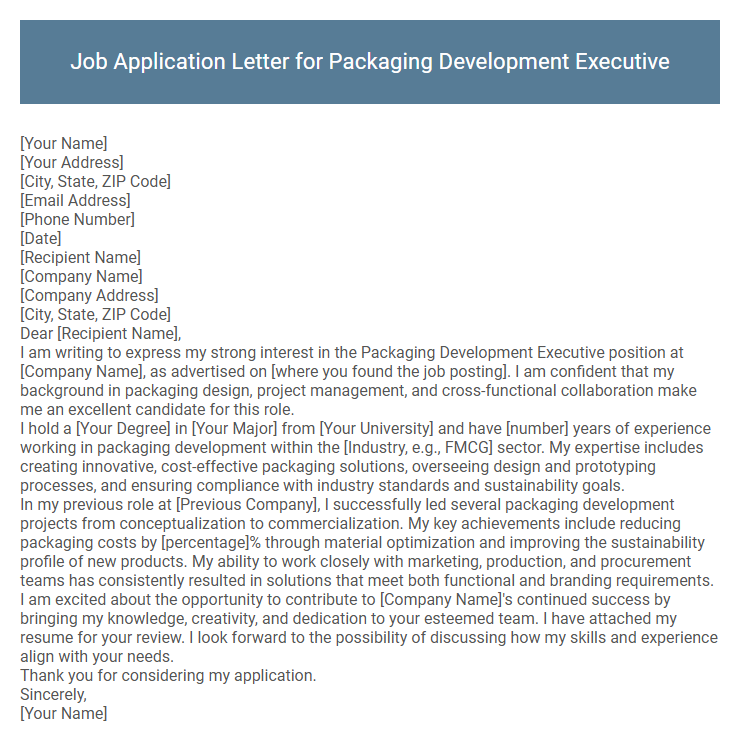 Job Application Letter for Packaging Development Executive